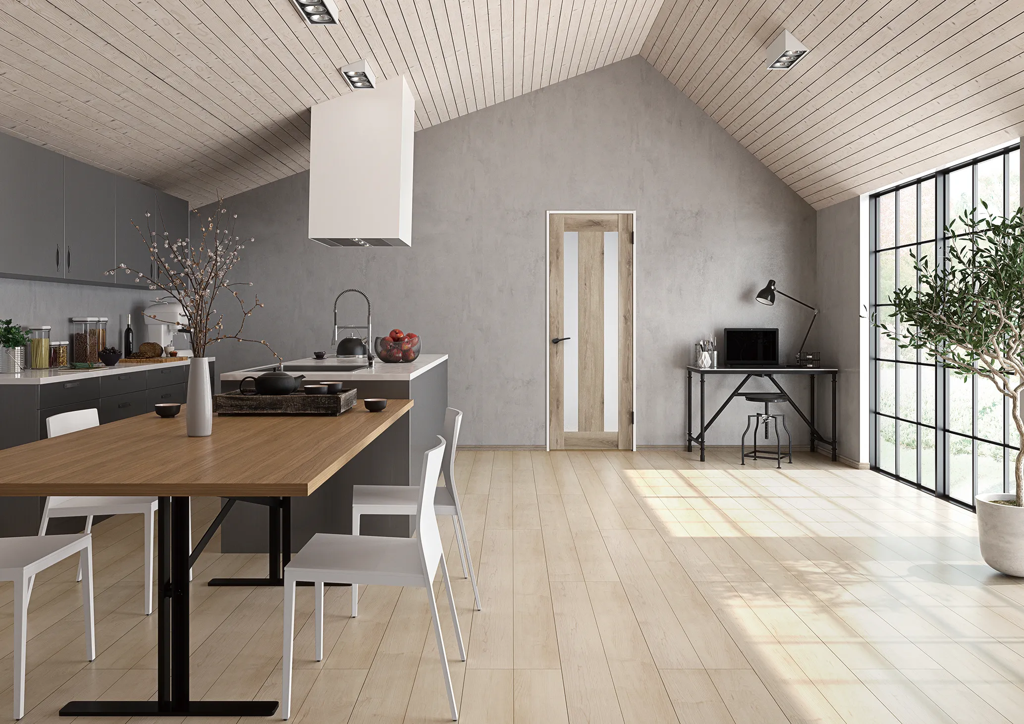 ナチュラルな木の温もりと洗練されたグレーが調和するキッチンダイニング ナチュラルな木の温もりと洗練されたグレーが調和するキッチンダイニング