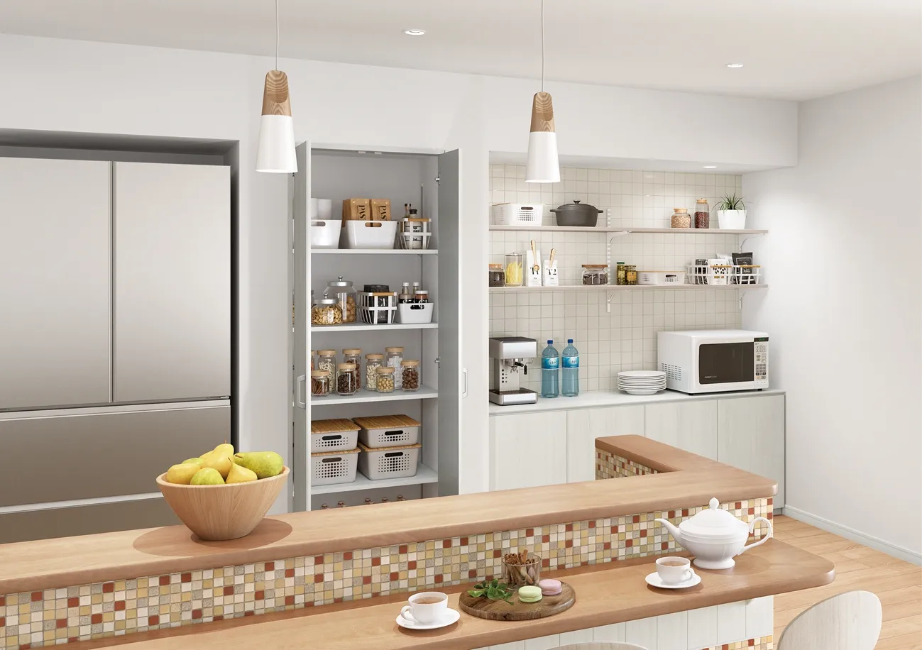 キッチン背面収納とパントリー収納を備えた使いやすいキッチン空間 キッチン背面収納とパントリー収納を備えた使いやすいキッチン空間