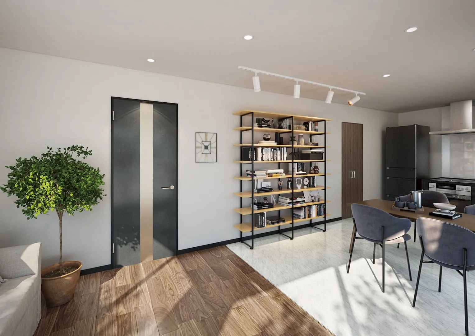 アイアンブラック柄ドアをアクセントにしたモダンLDK アイアンブラック柄ドアをアクセントにしたモダンLDK