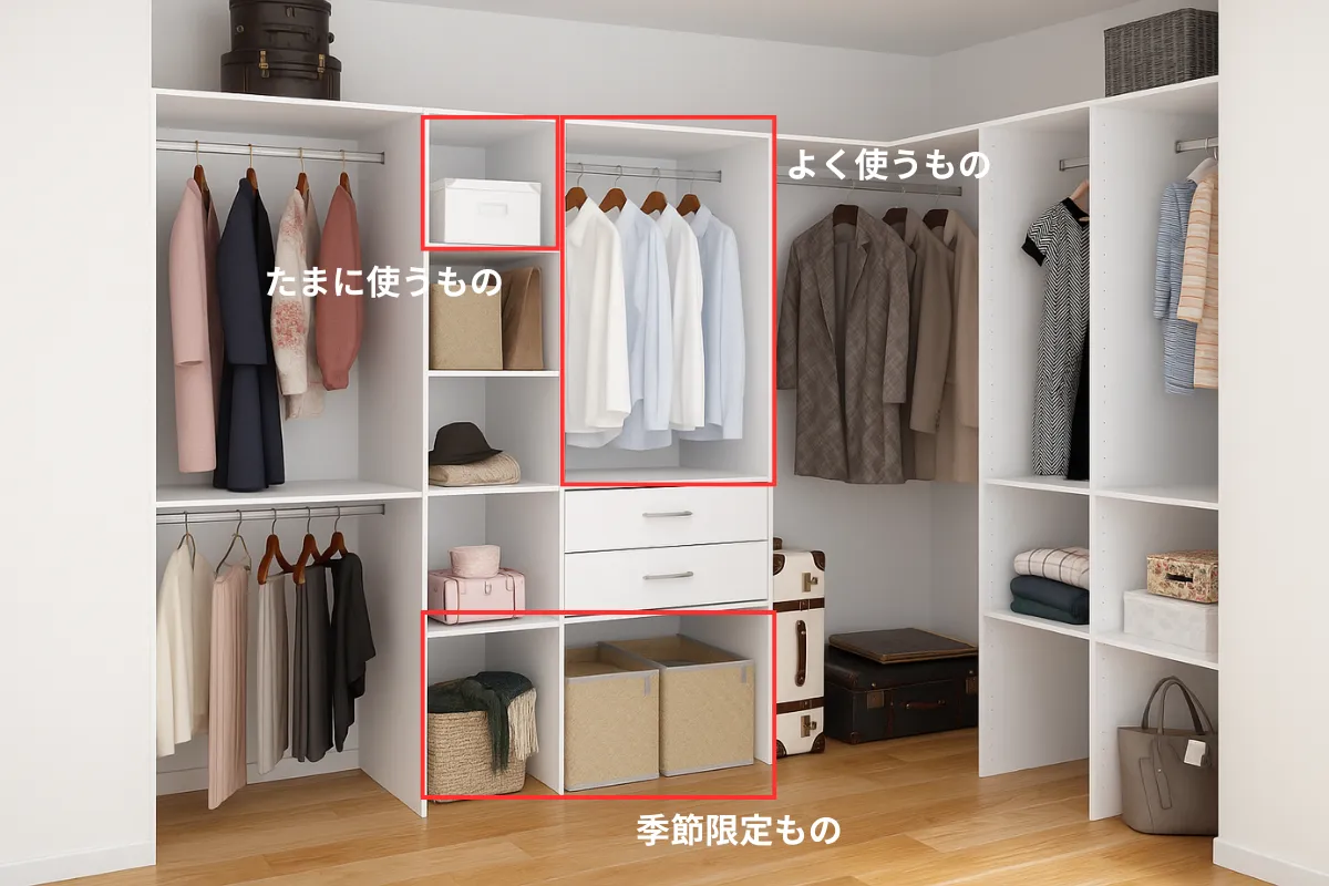 使用頻度に応じて分類されたクローゼット収納例 使用頻度に応じて分類されたクローゼット収納例